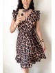 Rochie de zi scurta maro cu imprimeu animal print si volanase la manecute