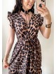 Rochie de zi scurta maro cu imprimeu animal print si volanase la manecute