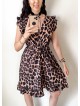 Rochie de zi scurta maro cu imprimeu animal print si volanase la manecute