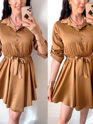 Rochie de zi scurta ieftina tip camasa maro cu nasturi si cordon in talie