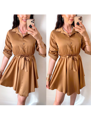 Rochie de zi scurta ieftina tip camasa maro cu nasturi si cordon in talie
