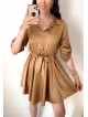 Rochie de zi scurta ieftina tip camasa maro cu nasturi si cordon in talie