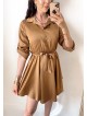 Rochie de zi scurta ieftina tip camasa maro cu nasturi si cordon in talie