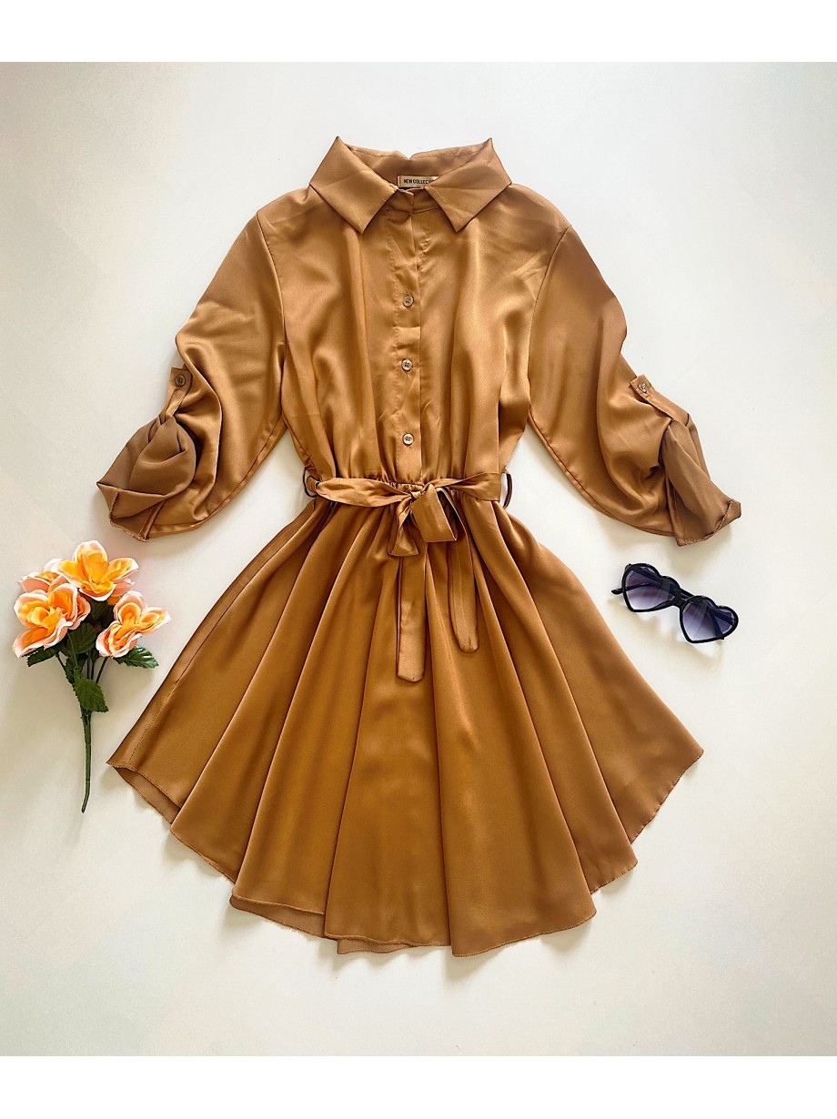 Rochie de zi scurta ieftina tip camasa maro cu nasturi si cordon in talie