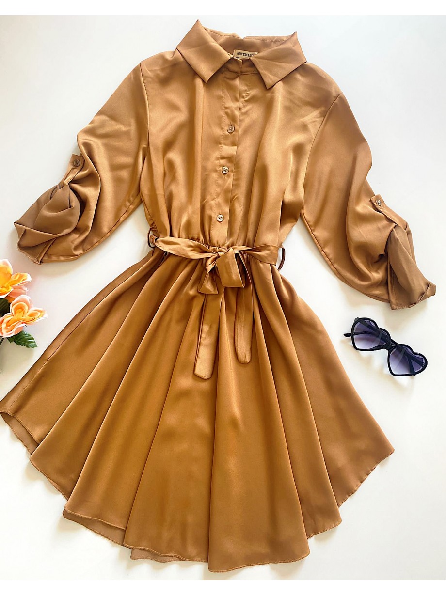 Rochie de zi scurta ieftina tip camasa maro cu nasturi si cordon in talie