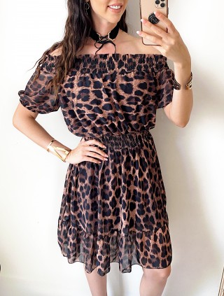 Rochie de zi ieftina neagra cu imprimeu animal print si umerii goi