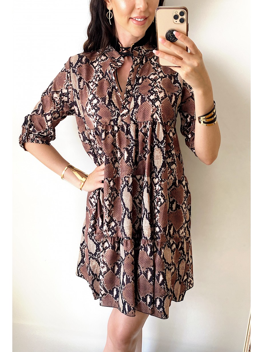 Rochie de zi ieftina lejera maro cu imprimeu snake