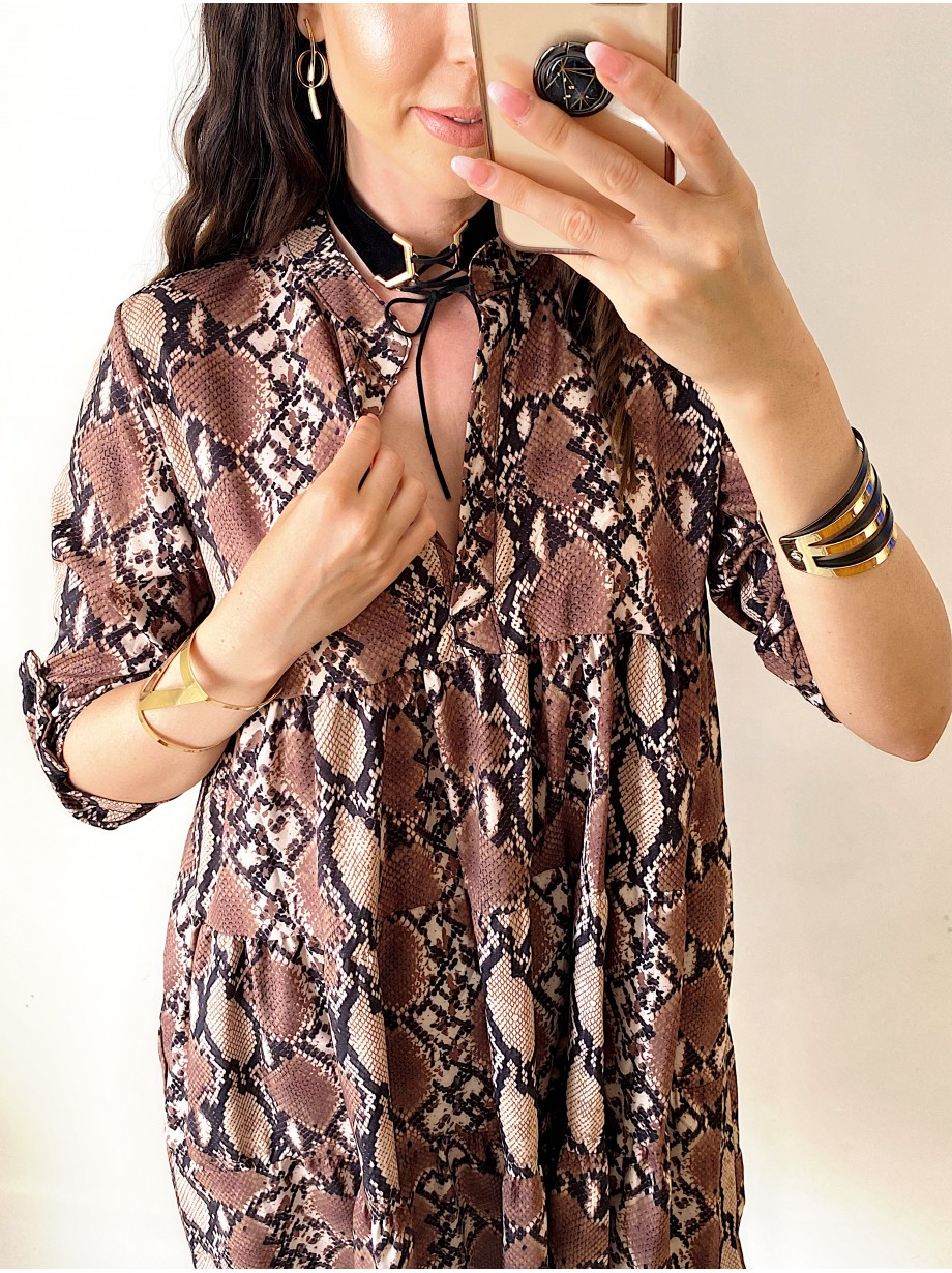 Rochie de zi ieftina lejera maro cu imprimeu snake