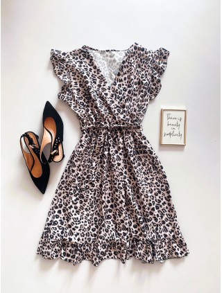 Rochie de zi scurta alba cu imprimeu animal print si volanase la manecute