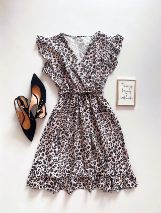 Rochie de zi scurta alba cu imprimeu animal print si volanase la manecute