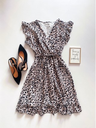 Rochie de zi scurta alba cu imprimeu animal print si volanase la manecute