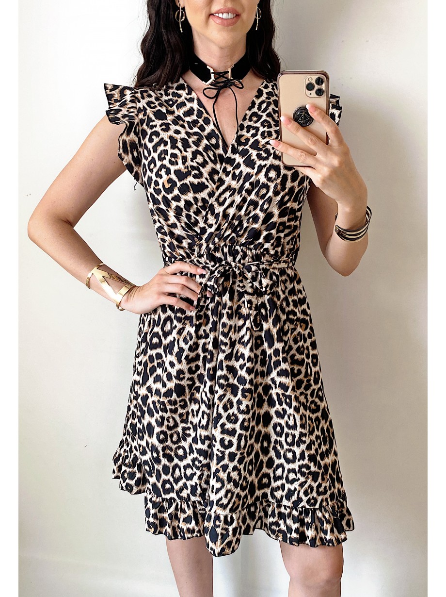 Rochie de zi scurta crem cu imprimeu animal print si volanase la manecute