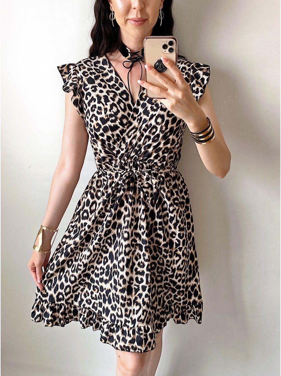 Rochie de zi scurta crem cu imprimeu animal print si volanase la manecute