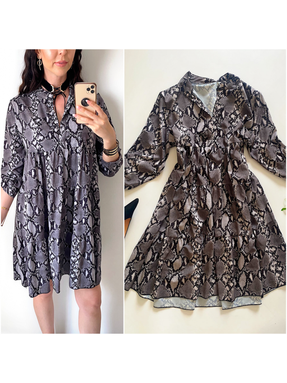 Rochie de zi ieftina lejera gri inchis cu imprimeu snake