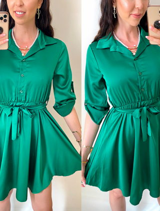 Rochie de zi scurta ieftina tip camasa verde cu nasturi si cordon in talie