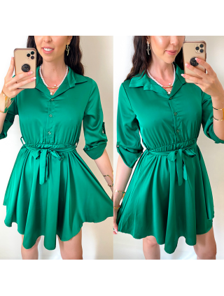 Rochie de zi scurta ieftina tip camasa verde cu nasturi si cordon in talie