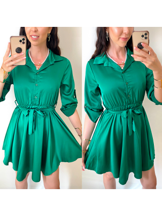 Rochie de zi scurta ieftina tip camasa verde cu nasturi si cordon in talie