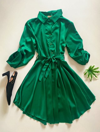 Rochie de zi scurta ieftina tip camasa verde cu nasturi si cordon in talie