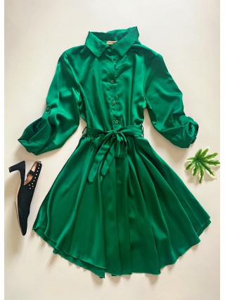 Rochie de zi scurta ieftina tip camasa verde cu nasturi si cordon in talie