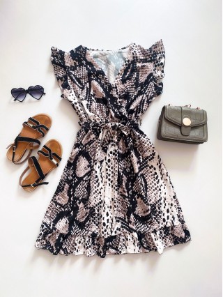 Rochie de zi scurta gri cu imprimeu snake print si volanase la manecute
