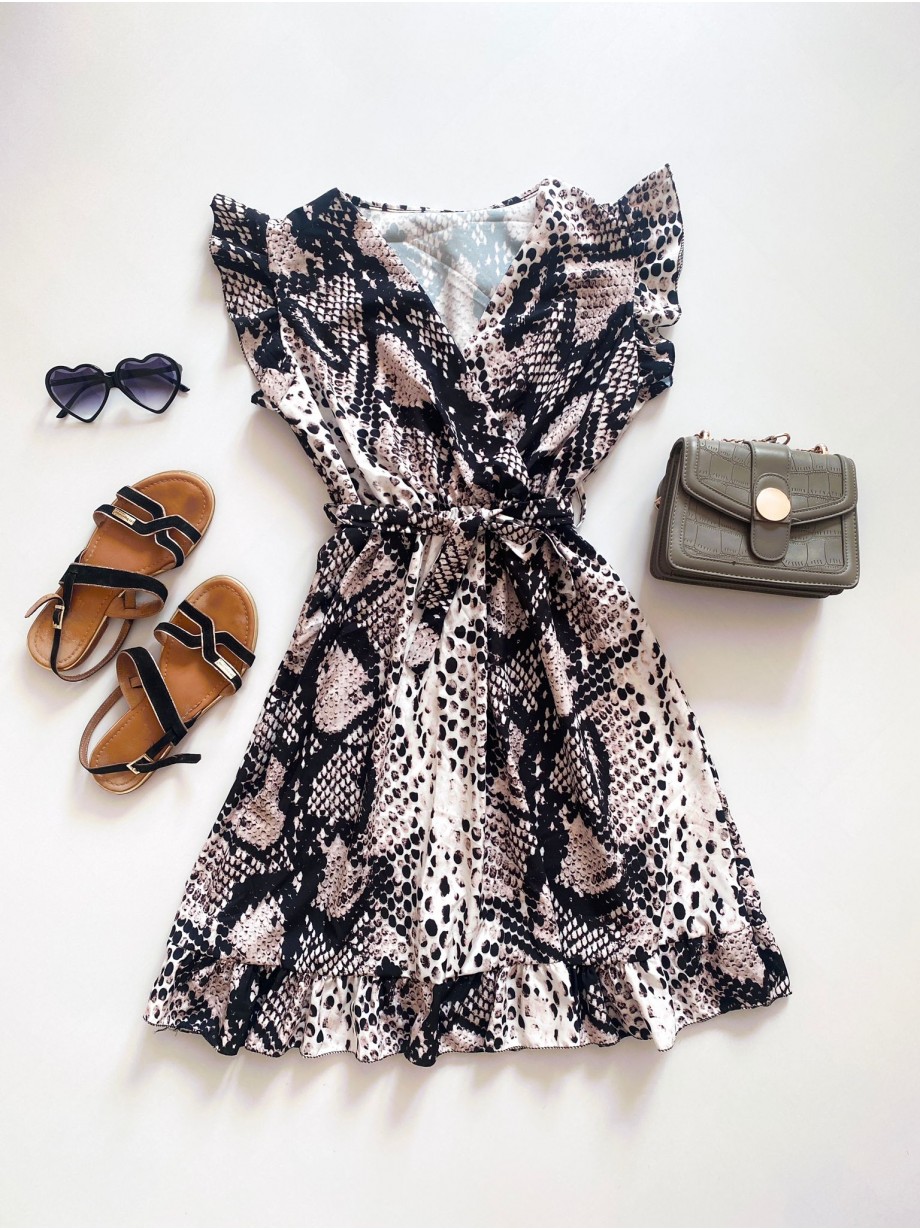 Rochie de zi scurta gri cu imprimeu snake print si volanase la manecute