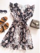 Rochie de zi scurta gri cu imprimeu snake print si volanase la manecute