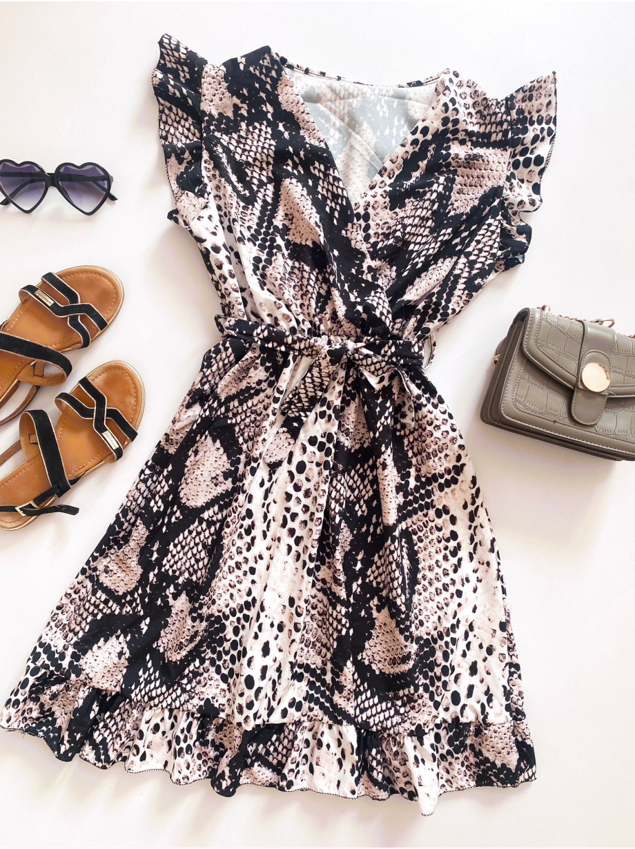 Rochie de zi scurta gri cu imprimeu snake print si volanase la manecute