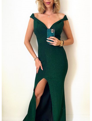 Rochie eleganta de ocazie verde lunga cu decolteu adanc si sclipici