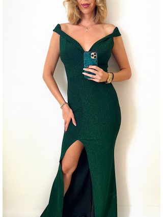 Rochie eleganta de ocazie verde lunga cu decolteu adanc si sclipici