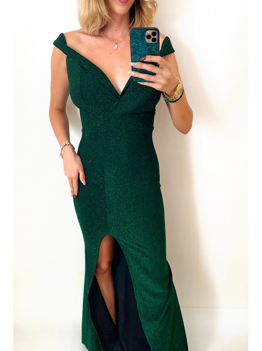 Rochie eleganta de ocazie verde lunga cu decolteu adanc si sclipici