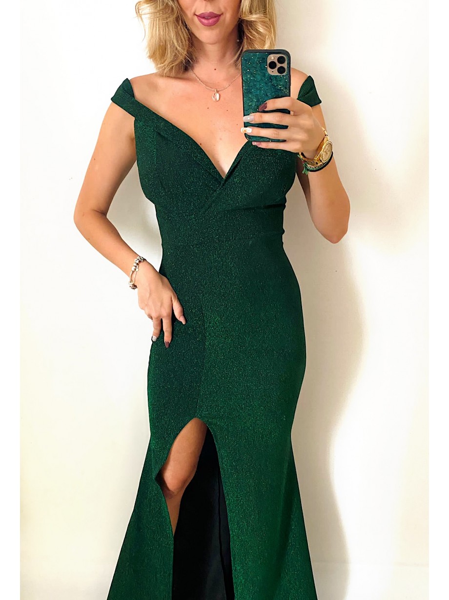 Rochie eleganta de ocazie verde lunga cu decolteu adanc si sclipici