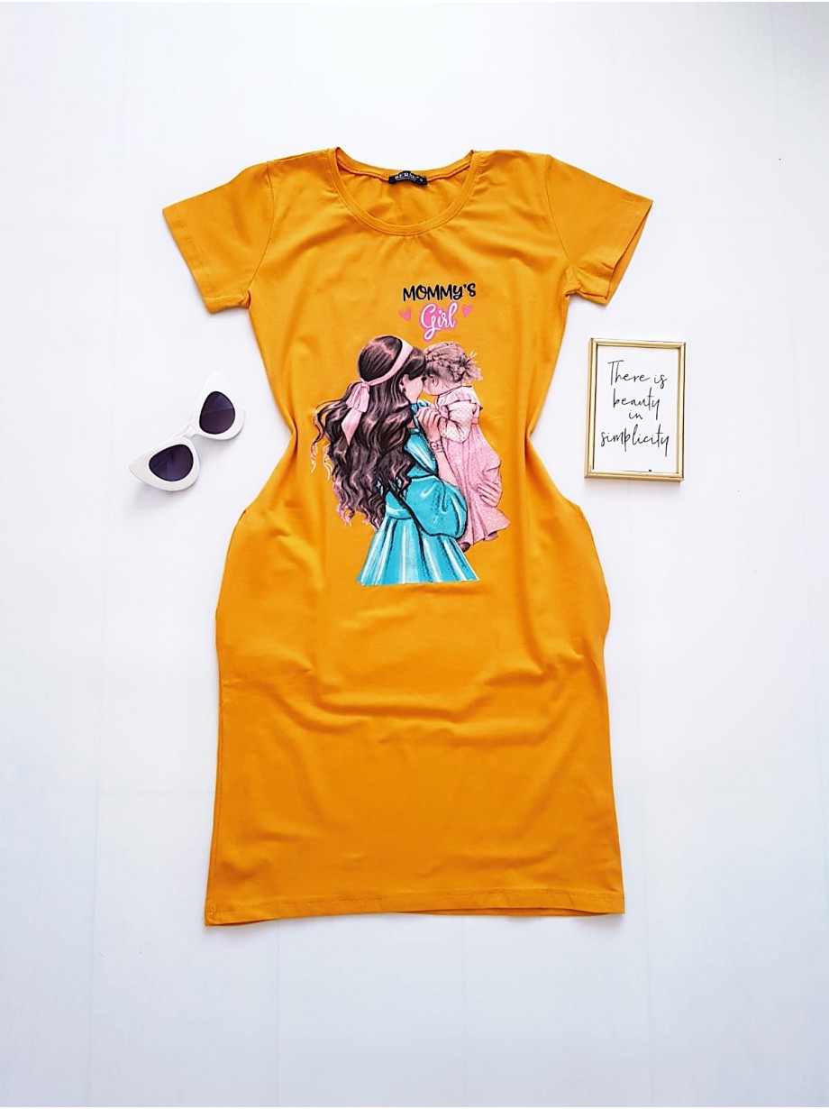 Rochie casual de zi ieftina galbena si imprimeu Mommy's Girl