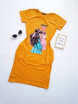 Rochie casual de zi ieftina galbena si imprimeu Mommy's Girl