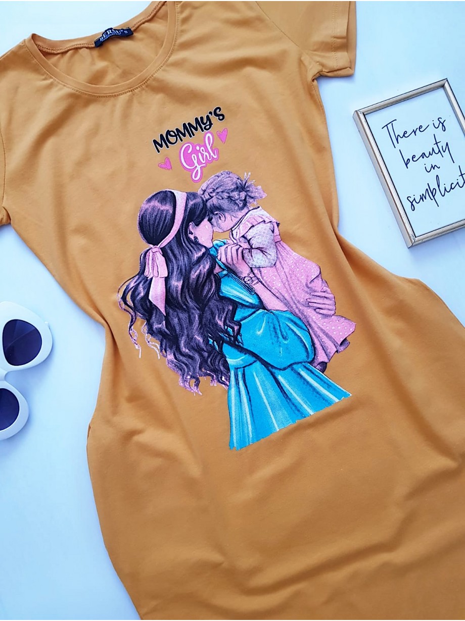 Rochie casual de zi ieftina galbena si imprimeu Mommy's Girl