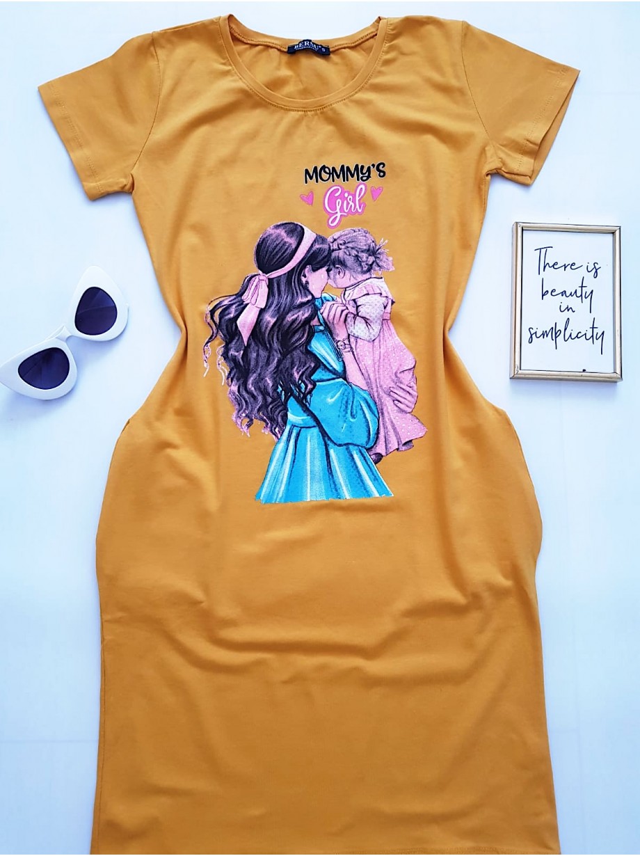 Rochie casual de zi ieftina galbena si imprimeu Mommy's Girl