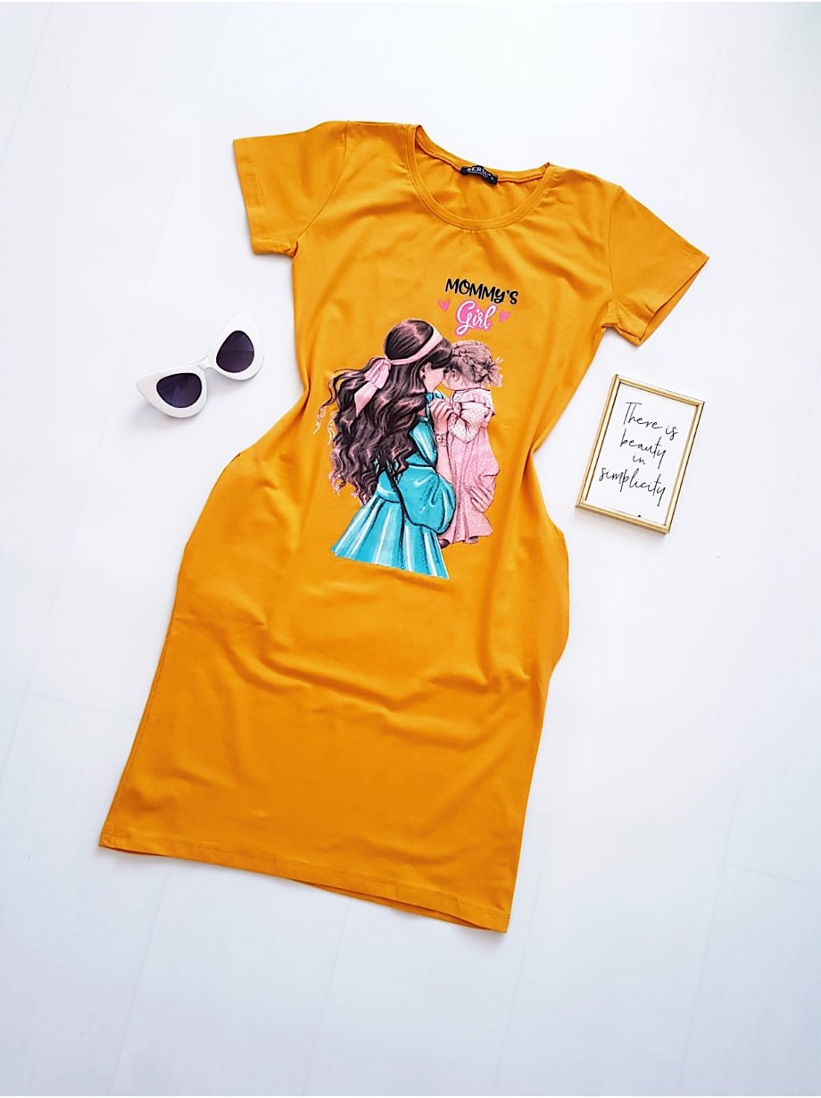 Rochie casual de zi ieftina galbena si imprimeu Mommy's Girl
