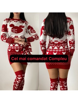 Compleu dama ieftin din tricot rosu minunat compus din rochie, caciula si jambiere Craciun HEAD