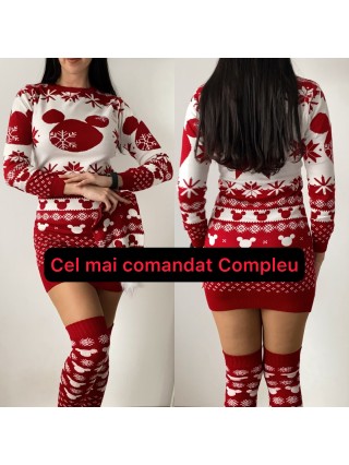 Compleu dama ieftin din tricot rosu minunat compus din rochie, caciula si jambiere Craciun HEAD