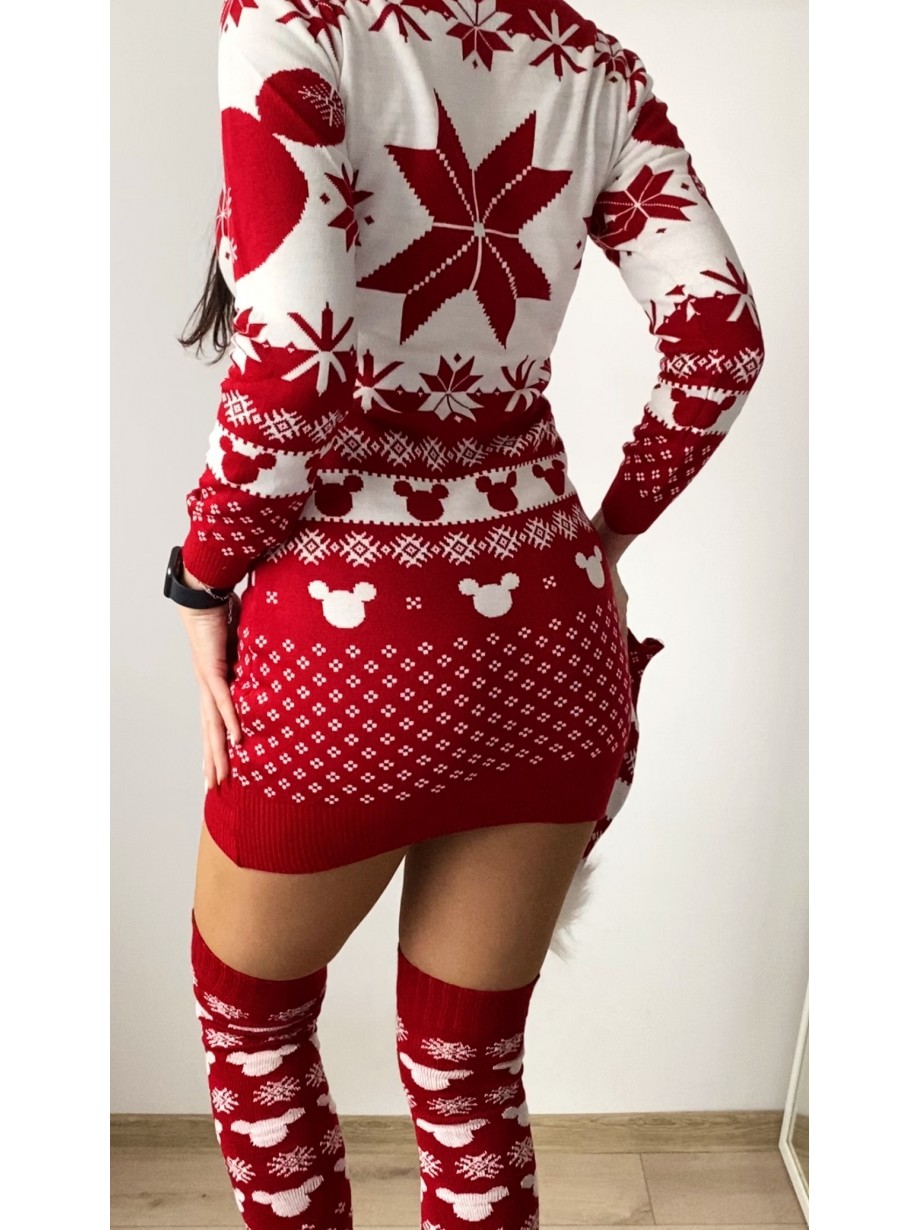 Compleu dama ieftin din tricot rosu minunat compus din rochie, caciula si jambiere Craciun HEAD