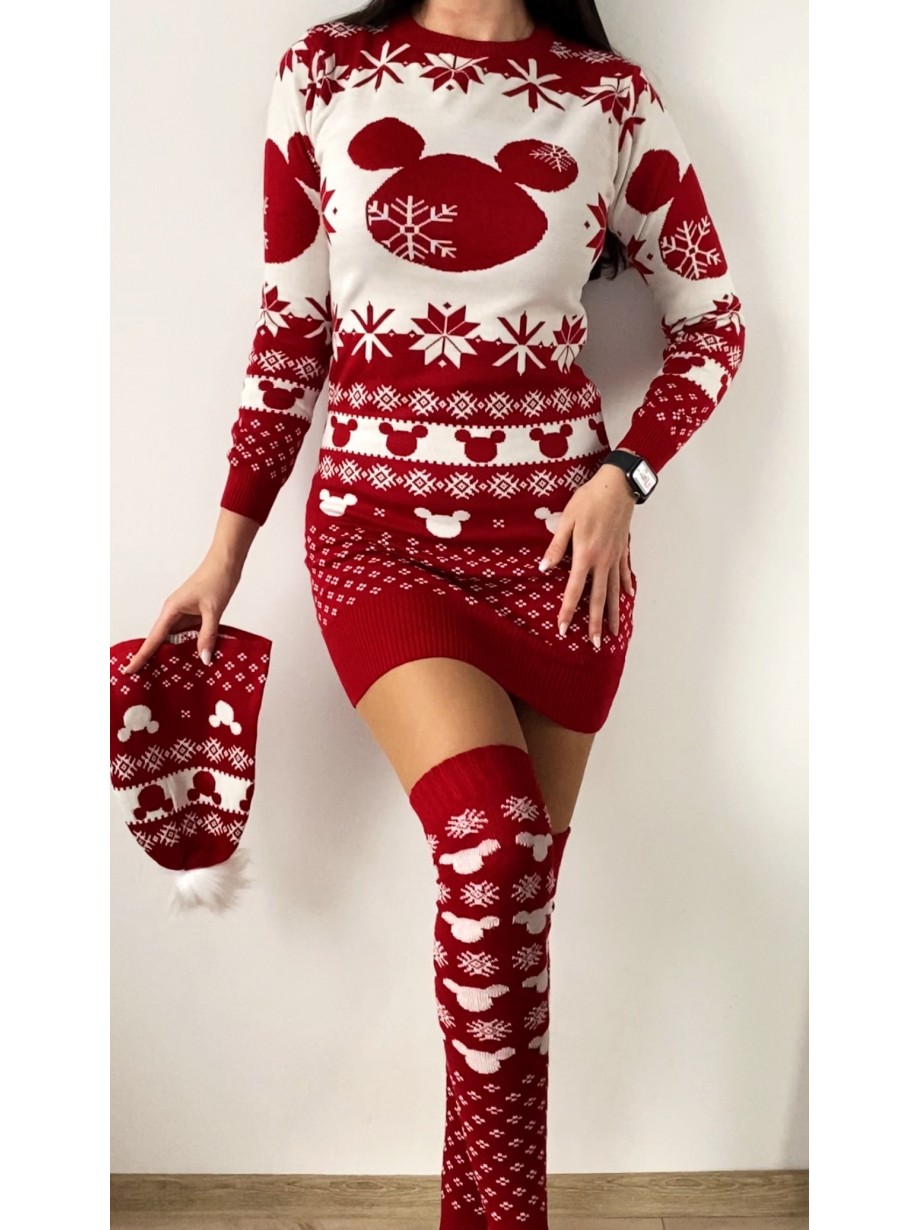 Compleu dama ieftin din tricot rosu minunat compus din rochie, caciula si jambiere Craciun HEAD
