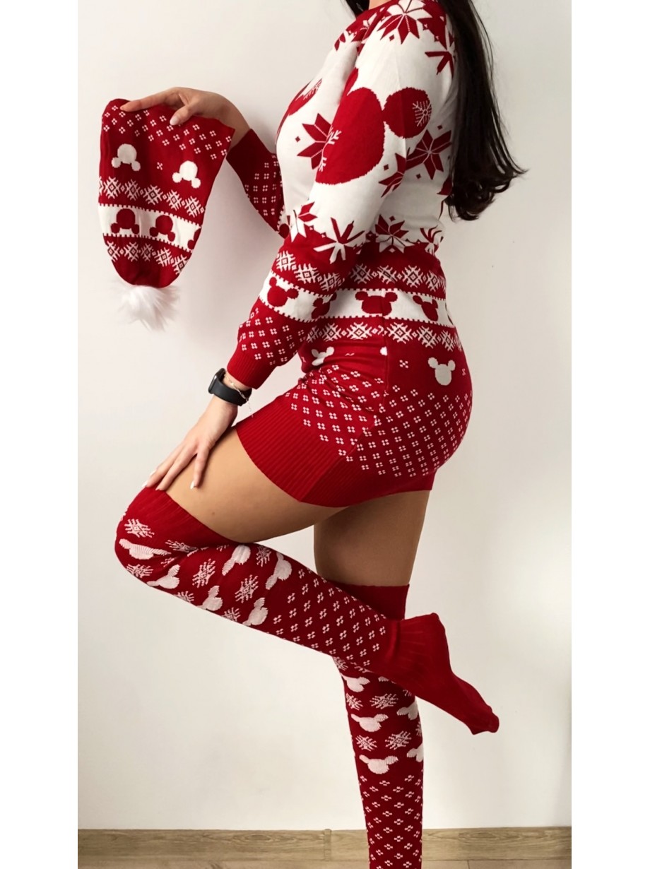 Compleu dama ieftin din tricot rosu minunat compus din rochie, caciula si jambiere Craciun HEAD