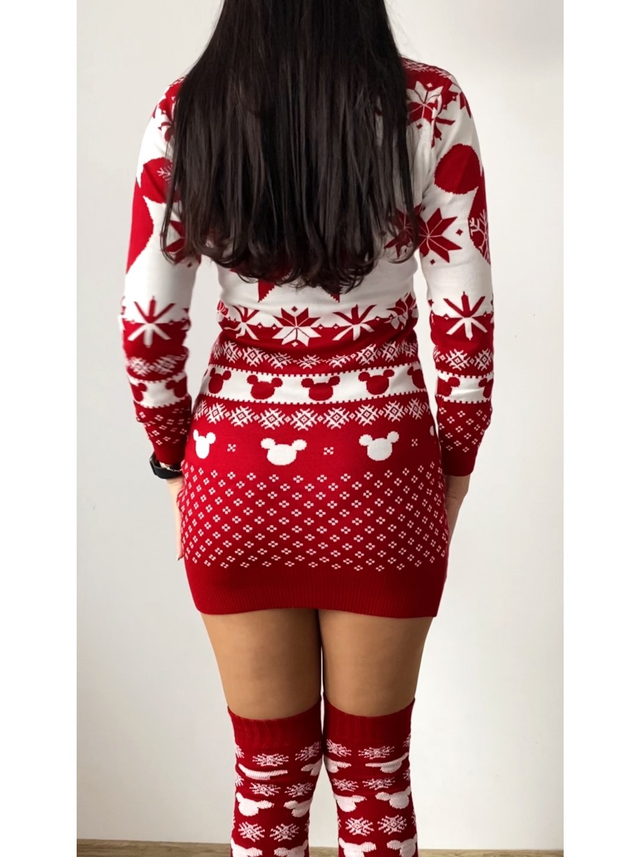 Compleu dama ieftin din tricot rosu minunat compus din rochie, caciula si jambiere Craciun HEAD