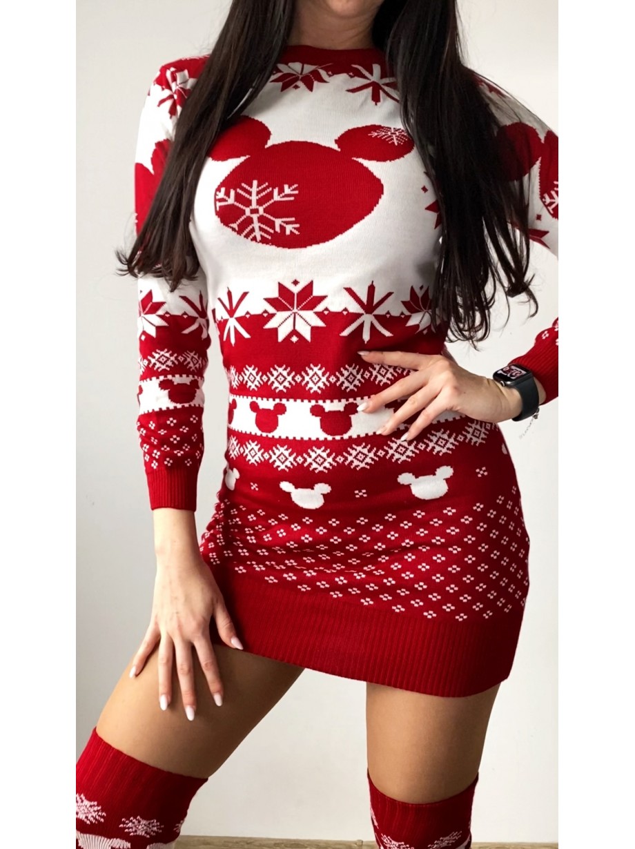 Compleu dama ieftin din tricot rosu minunat compus din rochie, caciula si jambiere Craciun HEAD