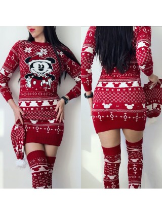 Compleu dama ieftin din tricot rosu minunat compus din rochie, caciula si jambiere Craciun MK