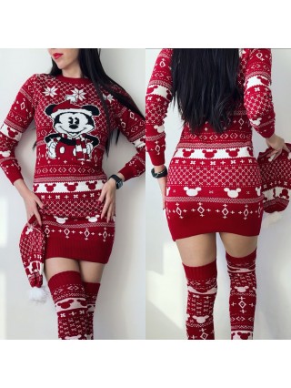 Compleu dama ieftin din tricot rosu minunat compus din rochie, caciula si jambiere Craciun MK