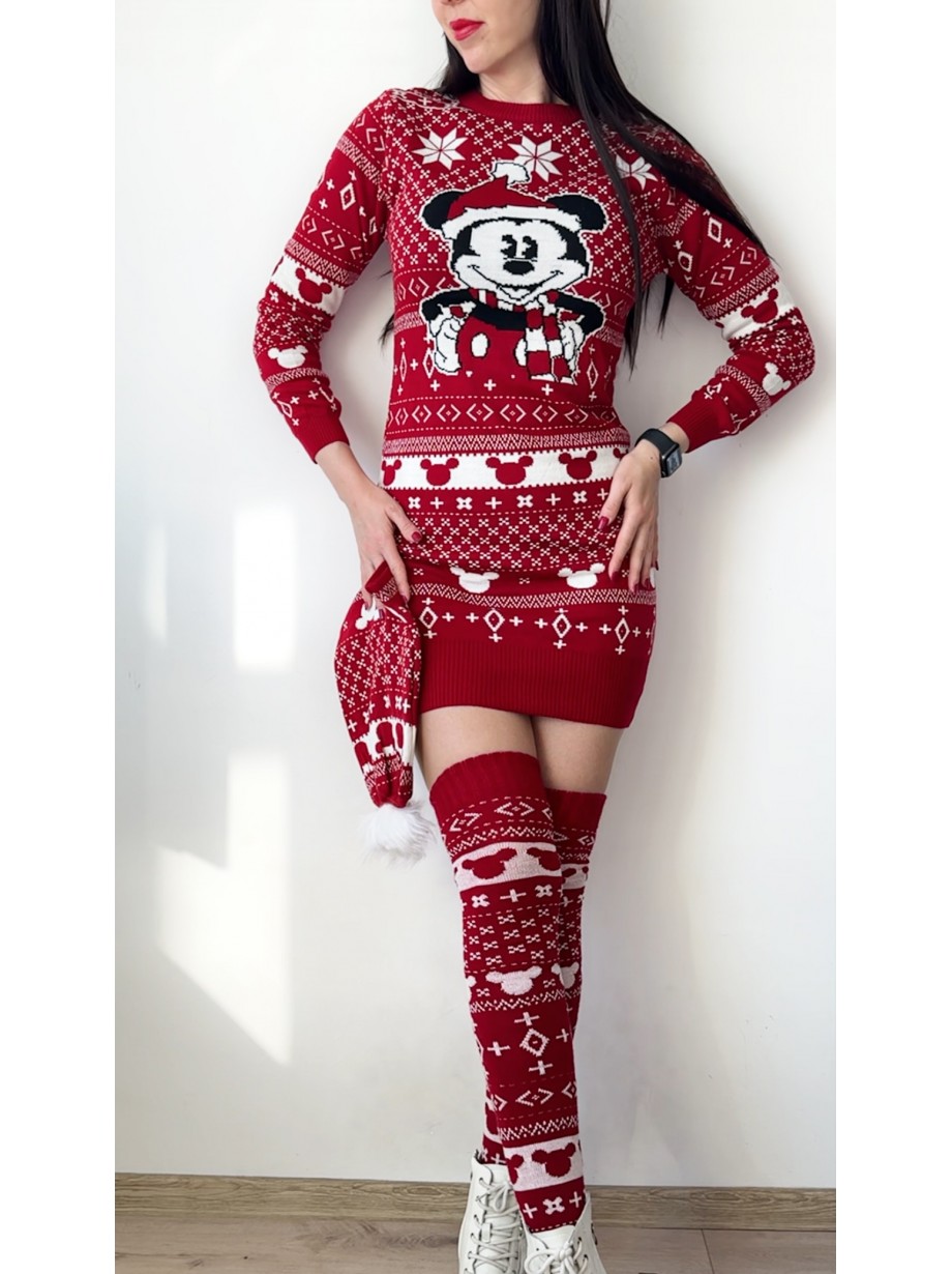 Compleu dama ieftin din tricot rosu minunat compus din rochie, caciula si jambiere Craciun MK
