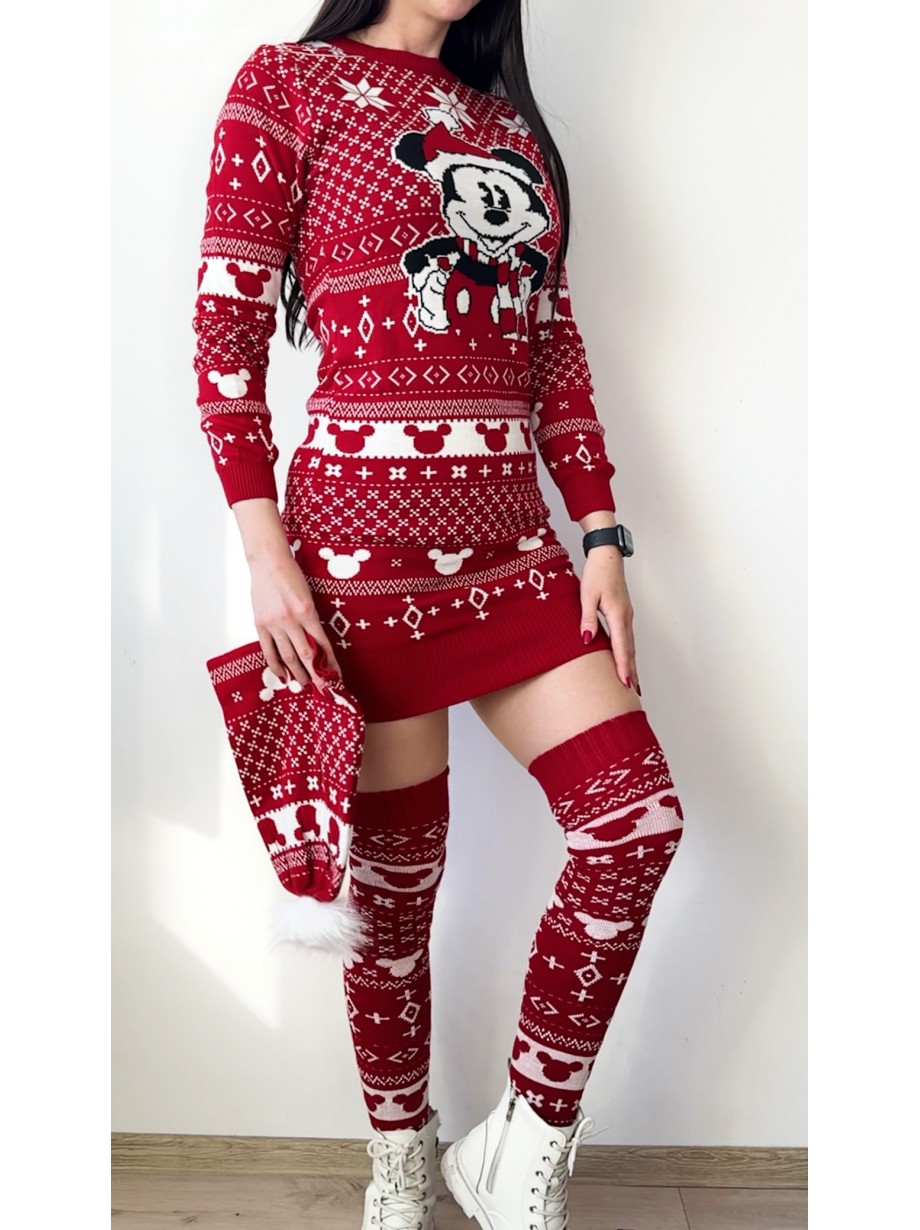 Compleu dama ieftin din tricot rosu minunat compus din rochie, caciula si jambiere Craciun MK