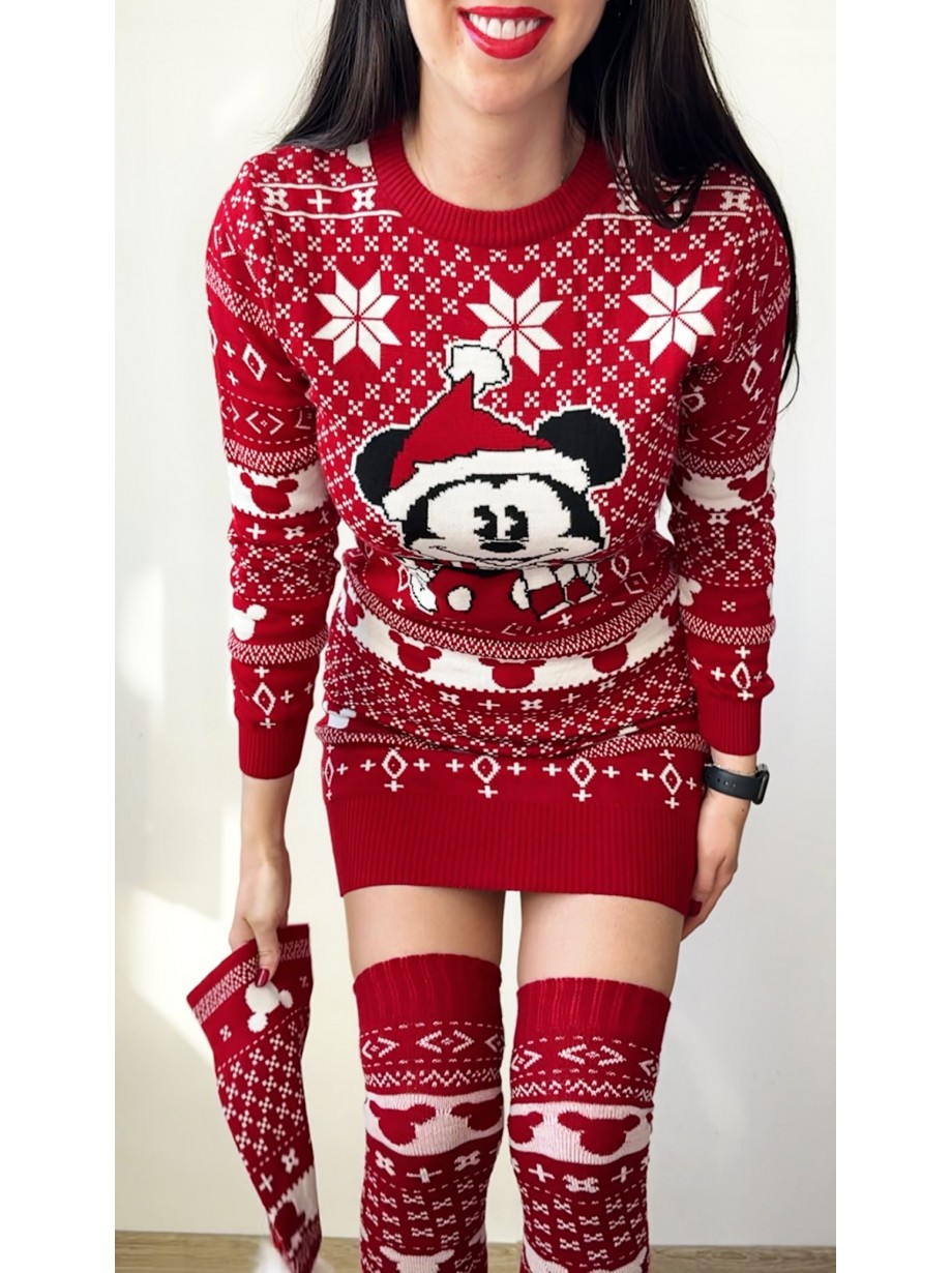 Compleu dama ieftin din tricot rosu minunat compus din rochie, caciula si jambiere Craciun MK