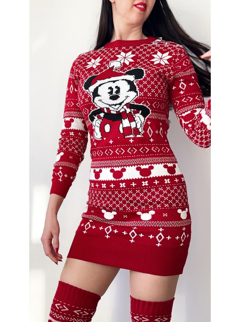 Compleu dama ieftin din tricot rosu minunat compus din rochie, caciula si jambiere Craciun MK