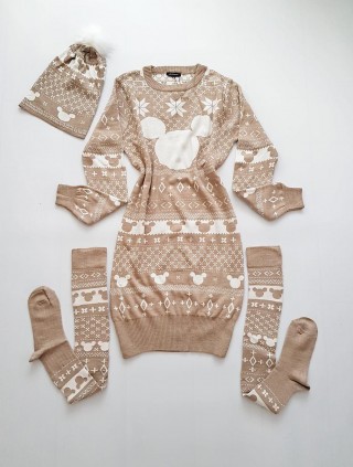 Compleu dama ieftin din tricot crem minunat compus din rochie, caciula si jambiere Craciun Head